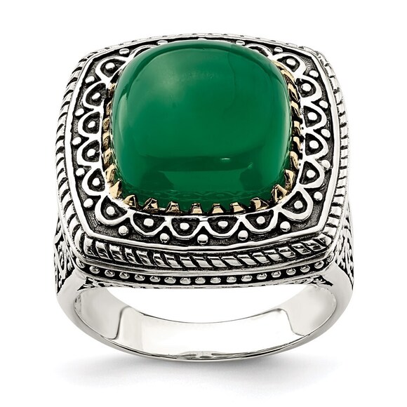 925 Sterling Silver Genuine Fine Jewelry w/14k Antiqued Green Onyx Ring